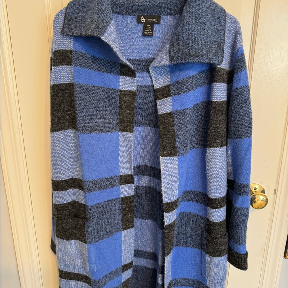 Alicia Adams Alpaca Blue & Charcoal Stripe Cardigan | Luxury Cozy Wrap